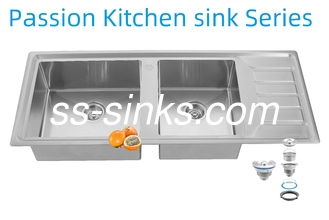 12050 Cuenca de doble tazón de acero inoxidable de cocina hecha a mano con tablero de drenaje