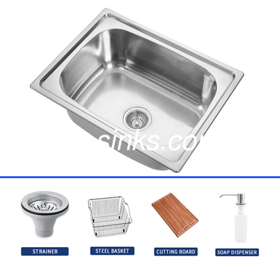 Lavadero de cocina de acero inoxidable con tabla de corte y canasta
