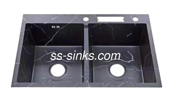 Marmol hecha a mano 30 pulgadas Submonta de acero inoxidable doble fregadero