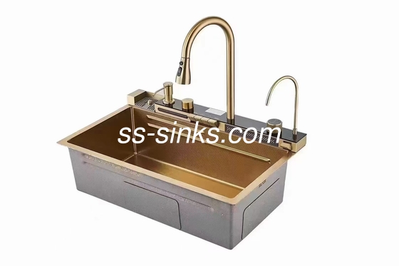 Cuenca de cocina hecha a mano de acero inoxidable de oro con grifo y accesorios