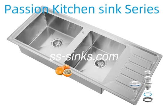 12050 Cuenca de doble tazón de acero inoxidable de cocina hecha a mano con tablero de drenaje