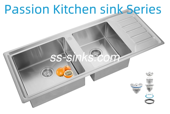 12050 Cuenca de doble tazón de acero inoxidable de cocina hecha a mano con tablero de drenaje