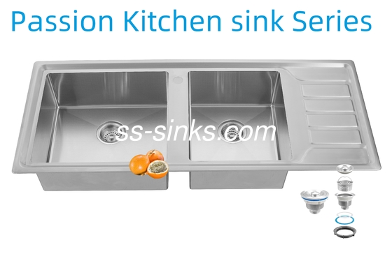 12050 Cuenca de doble tazón de acero inoxidable de cocina hecha a mano con tablero de drenaje